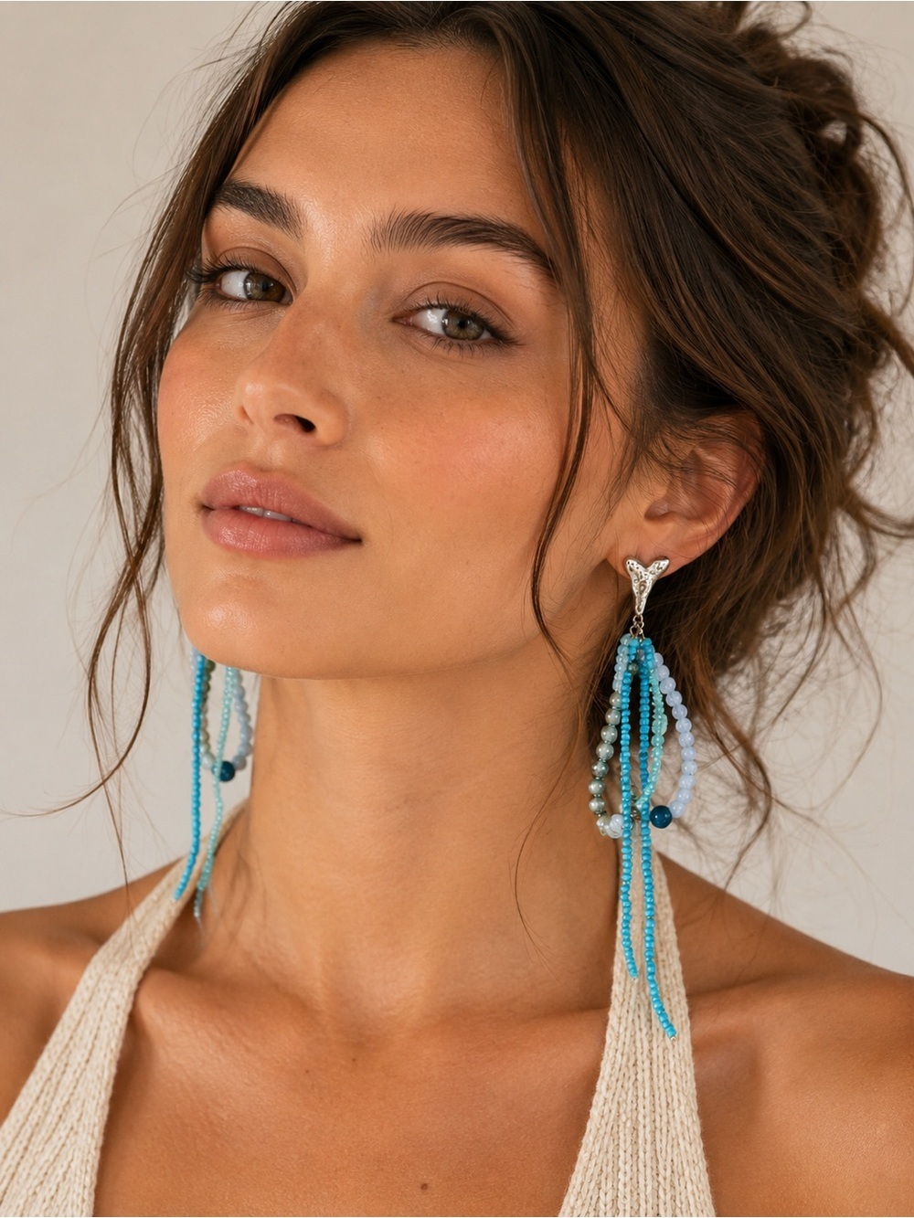 NWT Free People Reese Dangle Beaded Heart Statement Earrings Blue